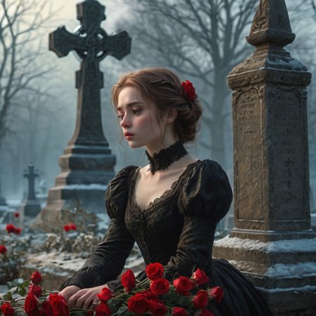 epiCRealism, masterpiece, highly detailed, one girl, pale and delicate, mourning in front of a tomb in a frozen winter morning, mist still clings to the ground while a timid Sun rises on the horizon, a bright red bouquet of roses lays on the tombstone, she wears a highly detailed black laced Victorian dress and sits on the earth in front of the tomb, the skirt spreads around her, view from the side, a small tear drops through her cheek,