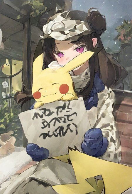 Beautiful girl , holding sign with text "need buzz", beautiful light.(Huging Pikachu with Pokemon) droopy masterpiece, best quality, very aesthetic