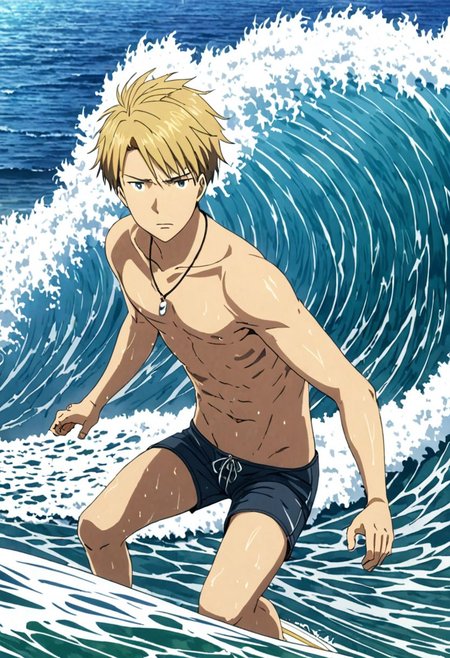high resolution, solo, best quality, 1Boy, Yamato Ishida, Blond Hair, Necklace, necklace, shirtless, wave, surfing, OverallDetail