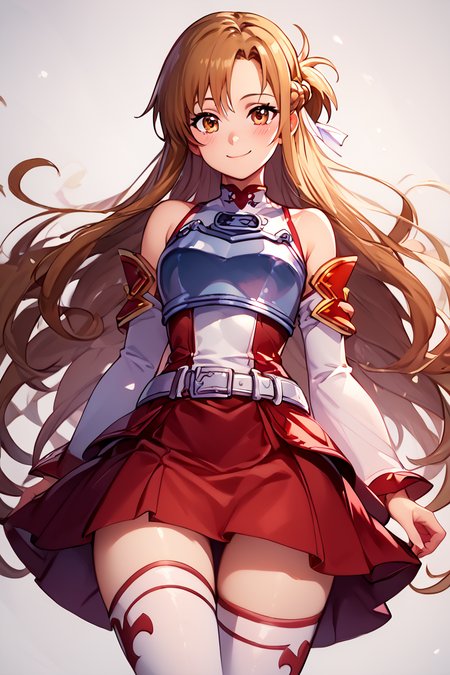 score_9, score_8_up, score_8, medium breasts, (curvy), cute, eyelashes,       BREAK, , zzAsuna, asuna (sao), long hair, brown hair, brown eyes, braid, very long hair,  thighhighs, bare shoulders, detached sleeves, armor, white thighhighs, breastplate, red skirt,   <lora:Asuna_SAO_PDXL_v3:0.8>,, BREAK, closed mouth, alternate costume, smile, looking at viewer, blush, zzLFashion, cowboy shot,  embedding:zPDXL, Expressiveh,  <lora:Vivid:0.7>,  <lora:LFashionPDXL:1>,  <lora:Uncensored_PonyXL_cpt_v02.09:0.4>,  <lora:Expressive_H-000001:0.4>,
