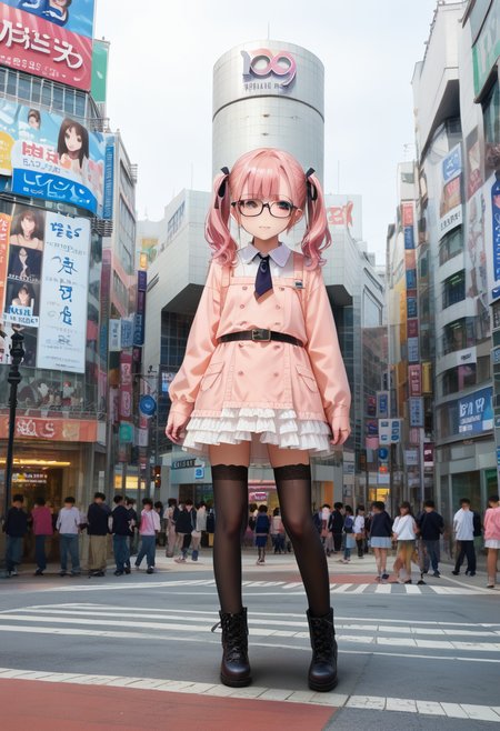 score_9, score_8_up, score_7_up, rating_safe, masterpiece, best quality, absurdres, unity 8k wallpaper, official art, official style, source_anime, uncensored, game cg, megami magazine,
1girl, glasses, pink hair, twintails, blouse, black ribbon, cross-laced clothes, frilled skirt, black legwear, lace-up boots, looking at another, standing, solo focus,
shibuya109, storefront, city, real world location, street, building, road, crosswalk, scenery, outdoors, sign, 6+boys, photo background, traffic light, cityscape, people, multiple girls, skyscraper
 <lora:shibuya109_pony_V1:1>