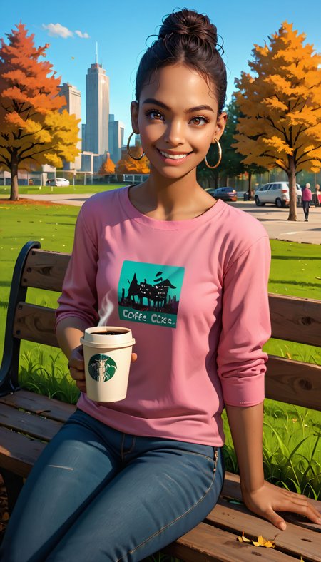 zPDXL3, <lora:l4d_rochelle:.8>,
 l4d_rochelle, dark skinned female, brown eyes, black hair, hair bun, hoop earrings, pink shirt, jeans, looking at viewer, serious, smiling, sitting, on bench, outside, park trees, autumn, grass, holding coffee cup, city, blue sky,