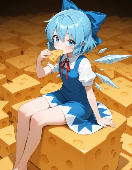 masterpiece, best quality, amazing quality,  1girl, solo, cirno, sitting on cheese, cheese, too many cheese, eating cheese, cheese background,