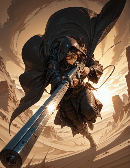 masterpiece, best quality,high quality, newest, highres,8K,HDR,absurdres, 1girl, solo, action shot, aiming, holding gun, goggles, cloak, motion-blur, desert, sand dust, trajectory, maneuver, oil film, film grain
, dynamic pose, intense lighting, detailed background, depth of field, dynamic composition, foreshortening, detailed background, dynamic pose, dynamic composition,dutch angle, detailed backgroud,foreshortening,blurry edges <lora:iLLMythG0thicL1nes:1> G0thicL1nes