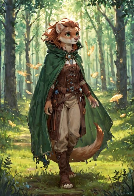 score_9, score_8_up, score_7_up, score_6_up, solo, stoat, beige fur, freckles, fantasy clothes, green clothes, blond hair, green cape, female, forest background, lush field background, field, weasel, green eyes, fullbody, bright hair, sundawn, night, fireflies, dark fantasy style
