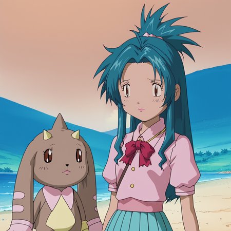 score_9,score_8,score_7,score_6,score_5, digimon , ChidoriKaname,1girl,aqua hair,long hair,brown eyes,, ponytail, lipstick,hair bun,, school_uniform,red ribbon tie,puffy_sleeves,short_sleeves, aqua  pleated_skirt,  outdoors,  digimon (creature), solo, brown fur, horns, black eyes <lora:Digimon_v2:1.0> <lora:ChidoriKanameXLpony001:1.0> <lora:Lo:0.8>