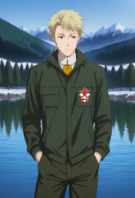 masterpiece, best quality, , ,, 1boy, solo, male focus, <lora:john_h_watson_ilxl:0.96>, john_h_watson, blonde hair, brown eyes, short hair, , Banff National Park, Canada, emerald lake, towering pine trees, standing pose, relaxed expression, soft lighting,