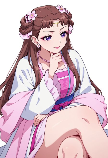 Smooth Quality,masterpiece,very intricate, high quality details, ultra realistic, high detailed skin,detailed enviorement,absurdres,
partially undressed, 
 <lora:Lishu_CNR:0.8> lishu_cnr,brown hair, long hair, purple eyes, makeup, lipstick, lishu_pink_cnr,hanfu, dress, long sleeves, sash, shawl, circlet, flower earrings, necklace,hair flower, hair rings, hair bun,, simple background, white background, dynamic angle,
sitting, legs crossed, hand on chin, smiling, relaxed,  ,annoyed,
