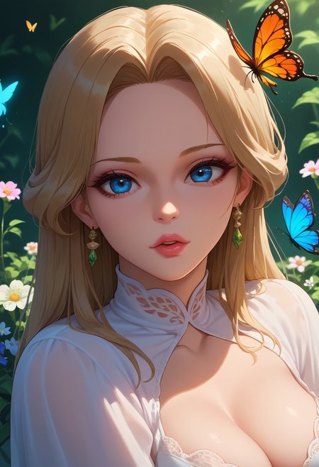 score_9, score_8_up, score_7_up, 1girl, original, bug, butterfly, flower, glowing, lips