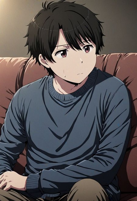 high resolution, solo, best quality, 1Boy, Inaho Kaizuka, Black Hair, deep talk, depression, sit, couch, OverallDetail