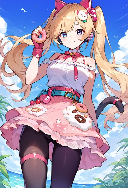 score_9,score_8_up,score_7_up,source_anime,zPDXL3,
*//*,<lora:Michele_Pony:1>,michele_dream,1girl,solo,blonde hair,twintails,long hair,bangs,blue eyes,fake animal ears,animal ear headphones,hair ornament,pink gloves,fingerless gloves,elbow gloves,pink dress,spaghetti strap,sleeveless ,bare shoulders,frilled dressfood print,belt,pink ribbon,pouch,short dress,pink footwear,(single leg black pantyhose, asymmetrical legwear:1.2),thigh strap,cat tail,stuffed cat,cherry,doughnut,
*//*,looking at viewer,cowboy shot,dutch angle,dynamic pose,smile,