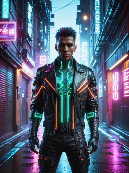 man, mad-neonbody,  cyberpunk, leather jacket, alley, haze, steam, rain, night, neon light, dynamic pose <lora:Neon_Cyberpunk_Neon_Body_SDXL:1>, raw photo, film grain, (photorealistic, realistic:1.2), deep shadow,  8k, uhd, dslr, ultra high res