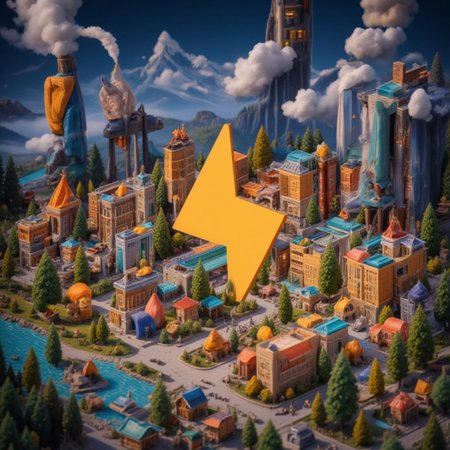 SuchBuzzLogo in the middle of a beautiful flourishing 3d rendered city, glowing at night, beautiful, masterpiece