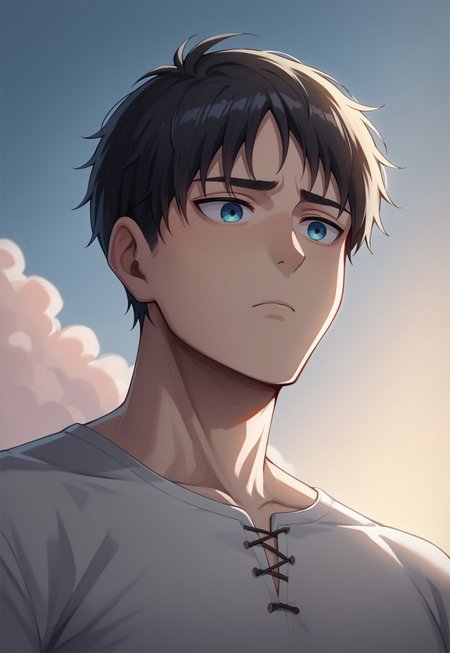score_9,score_8_up,score_7_up,<lora:Expressive_H:1>,expressiveh,source_anime,best quality,masterpiece, high detail, high quality, high eye detail, high face detail, high body detail, depth of field, cinematic lighting, 1boy, eren Jaeger, 18 years old boy, portrait, the shape of the main body, long, tired, sky, below, Dutch angle 60,low angle view, 