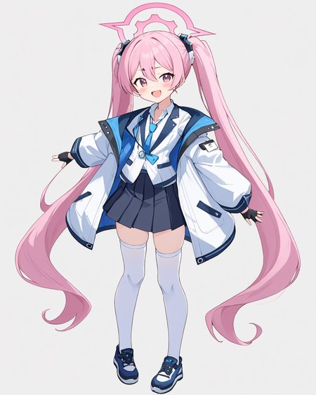 koyuki \(blue archive\),1girl, solo, halo, twintails, one_eye_closed, blue_necktie, v, collared_shirt, black_gloves, white_thighhighs, white_shirt, smile, white_jacket, simple_background, pleated_skirt, fang, full_body, shoes, fingerless_gloves, open_jacket, black_skirt, puffy_long_sleeves, looking_at_viewer, white_background, white_footwear, ;d, standing, open_mouth, id_card, grey_background, blush_stickers
<lora:koyuki_(blue_archive)_image708_2023-11-28-000012:1>halo. gorgeous,key visual, vibrant, studio anime,award-winning, professional, highly detailed,high budget, cinemascope