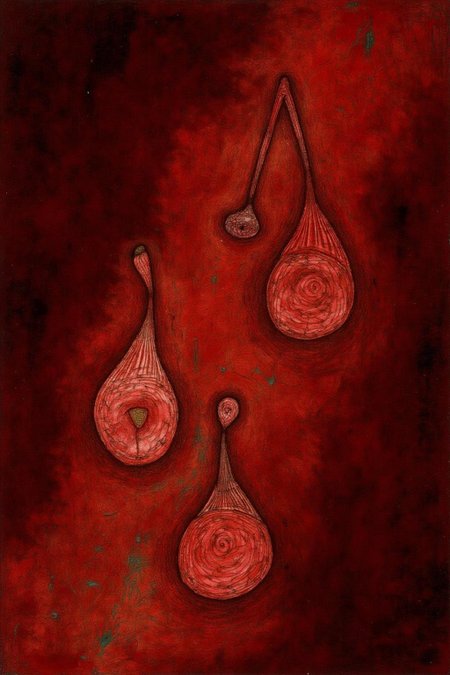 paulklee1 painting. A rich, dark red background with intricate, swirling patterns and textures. Three stylized, elongated, conical shapes with bulbous ends are centrally featured. <lora:paulklee1_cap_d8a4e6:1.0><lora:839204367602065620:0>