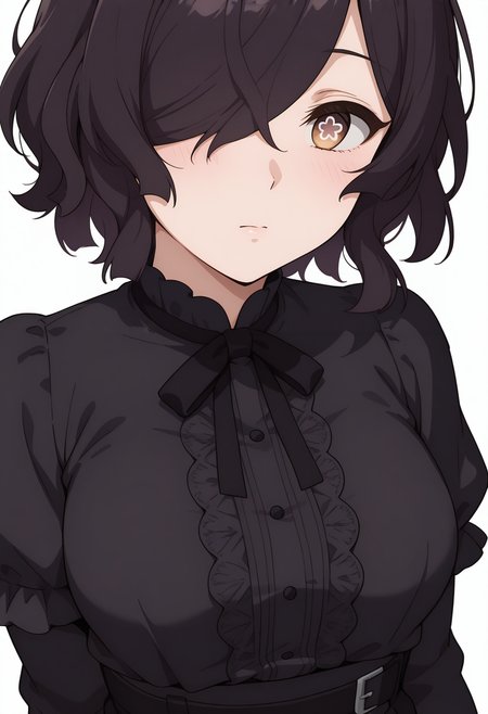Smooth Quality,masterpiece,very intricate, high quality details, high detailed skin,detailed enviorement,absurdres, 
simple background, white background,front view,
 :i,solo,
Kiclacnn, 1girl, black hair, brown eyes, symbol-shaped pupils, short hair, hair over one eye, 
 <lora:Kiclacnn:0.7>
t-shirt, ,gothic blouse,  ,high-waist pants, ,