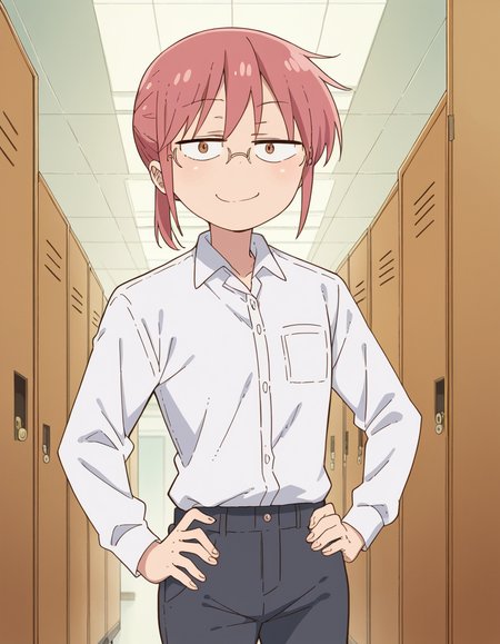 score_9, score_8_up, score_7_up, source_anime, <lora:dragon-kobayashi-s2-ponyxl-lora-nochekaiser:1>, kobayashi, ponytail, pink hair, glasses, short hair, brown eyes,, shirt, long sleeves, white shirt, collared shirt, pants, black pants, office lady,, school hallway, lockers, between classes, everyday life, , looking at viewer, smug, hand on hips,, solo,, dutch angle,