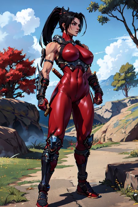 masterpiece,best quality,extreme detail,8k,<lora:Taki-10:0.8>, taki2,1girl,solo,breasts,large breasts,black hair,gloves,bare shoulders,ponytail,weapon,outdoors,sky,sword,cloud,signature,fingerless gloves,armor,tree,bodysuit,glowing,katana,shoulder armor,sheath,skin tight,weapon on back,