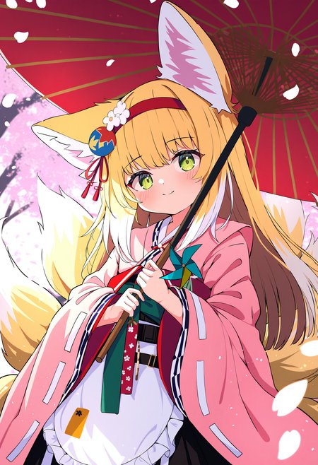 1girl, suzuran \(arknights\), suzuran \(yukibare\) \(arknights\), 
solo, kimono, cherry blossoms, red hairband, frilled apron, hakama skirt, white flower, smile, flower, sash, fox girl, red umbrella, fox tail, long hair, skirt, oil-paper umbrella, tail, umbrella, animal ear fluff, looking at viewer, japanese clothes, official alternate costume, white apron, blonde hair, animal ears, waist apron, closed mouth, holding, black hakama, frills, pinwheel, wide sleeves, hairband, multiple tails, pink kimono, hakama, obi, long sleeves, petals, fox ears, green eyes, apron,
masterpiece, best quality
 <lora:Siro9_nobep10-000013:1>