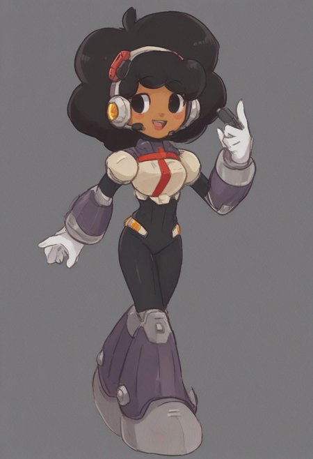 megamanreploid, android, gloves, white gloves, armor, bodysuit, robot ears, headset, carol, 1girl, solo, smile, open mouth, black hair, full body, dark skin, black eyes, dark-skinned female, blush stickers, big hair, very dark skin, afro