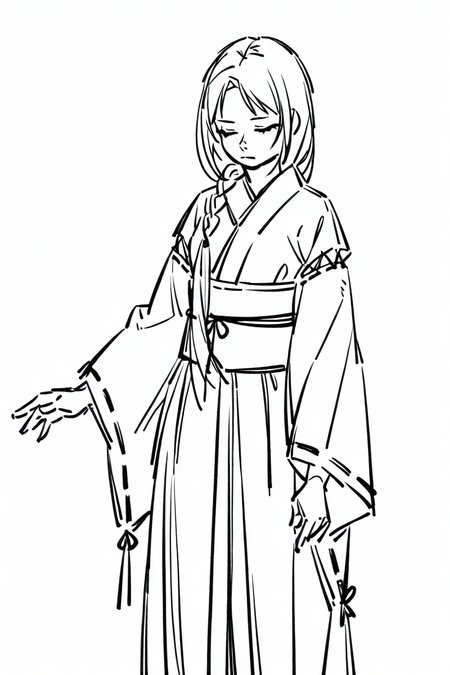 <lora:Sktchst_IL:1> sktchst, 1girl, monochrome, solo, greyscale, long hair, japanese clothes, braid, simple background, closed eyes, white background, closed mouth, kimono, wide sleeves, long sleeves, single braid, sash, sketch, ribbon trim, ribbon-trimmed sleeves, obi