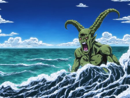 Cthulhu rising from the sea in a great storm, Very detailed, clean, high quality, sharp image, jojoso style <lora:SDXL-jojoso_style-Lora:1>, based on H.P Lovecraft stories