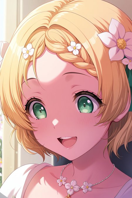 masterpiece, best quality, amazing quality,
 <lora:Miiko_IL:1> miiko, 1girl, green eyes, hair ornament, solo, blonde hair, flower, hair flower, smile, open mouth, portrait, braid, necklace, braided bangs, jewelry, teeth, upper teeth only