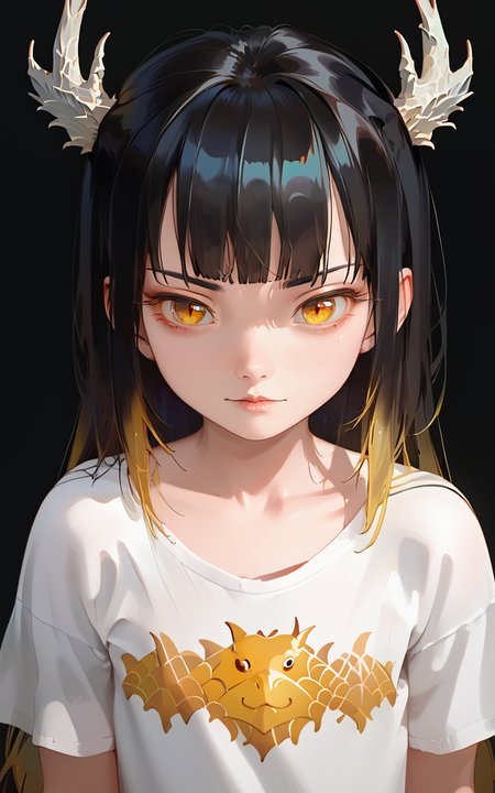 score_9,score_8_up,score_7_up,
<lora:drzhiguiPony3:1>,dragongirl,solo,scale,1girl,black hair,yellow eyes,horns,fish scale,antlers,looking at viewer,upper body,long hair,bangs,pale skin,lips,closed mouth,blunt bangs,collarbone,dragon horns,Child,Gradient hair color,dark background,(child:1.3),petite,chibi,kawaii,round face,<lora:v6:0.9>,(t-shirt:1.3),cartoon dragon pattern,
