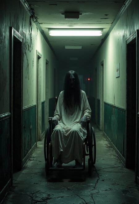 This haunting image portrays a ghostly figure slumped in a wheelchair in a decrepit, dimly lit hallway. The oppressive lighting, decayed environment, and lifeless posture of the figure evoke themes of abandonment, supernatural dread, and isolation. The long, shadow-filled corridor amplifies the sense of unease, as the glowing red light and darkened doorways suggest unseen dangers lurking just out of reach. The scene masterfully blends decay and suspense to create a chilling and memorable depiction of horror.