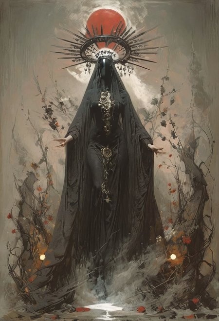 safe_pos, ((score_9, score_8_up, score_7_up)), (((character design, sci-fi warrior women, feminine power, perfect anatomy))), symmetry, contrast, (flat shapes), vertical lines,
An enigmatic figure of a (satanic)nun(caucasian), her (dark habit_catsuit covers all her skin), conducting a sensual satanic ritual inside a dark cathedral during night under a red eclipse. Her (eyeless)mask, elaborate crown, (fully)conceals her identity, adding to her mystique and allure. (gold stiletto platform thigh boots:1.2), big breasts, tiny waist, flat abs, naughty, looking at viewer, seducing with her body, dancing towards viewer with her arms, blood flowing from her hands, sexy ass seductive wide hips, legs apart, strong stance pelvic curtain, butt cheeks, twerk, perky breasts, in the style of a vintage, high-contrast setting. Emphasize theatrical elements with extreme opposition of bright colors against dark, moody backgrounds, (stylized eyes surrounding her)  
,big butt, booty, bubble butt, <lora:add-detail-xl:2> ph4nt0m01l, retrobigguns, style-empire,hand