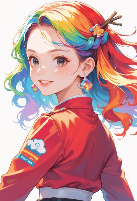 score_9, score_8_up, score_7_up, masterpiece, best quality, perfect anatomy, very aesthetic, ((outlined outlined vector graphics)),no norm,close up, back view,
, cute face, (glow eyes:0.8), looking at viewer, glittering, glimmering, red theme,
1girl,20yo, rainbow hair, black eyes, log hair, hair pin,small breast, slender,(white thigh strap:1.1),(black clohtes:1.1),
, 
jewelry, earrings, parted lips,, long sleeve,black , action pose , smile, <lora:rainbow-hair-01-step00000800:1>