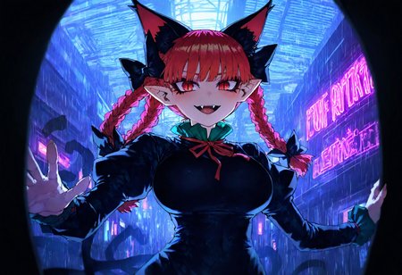 1girl, solo, indoor, window,
BREAK   
 Sharp eyeliner, kaenbyou_rin, pink_hair, red_eyes, solo, animal_ears ,black_bow, black_dress , braid,breasts, cat_ears ,dress,extra_ears, fang ,frilled_dress ,frills, hair_bow ,large_breasts ,long_eyelashes ,long_sleeves ,looking_at_viewer ,multiple_hair_bows, pointy_ears ,red_bow ,red_eyes, red_hair, slit_pupils,tight_clothes ,tight_dress, twin_braids ,fang,  (neon lights), future, futuristic city, graffiti, (rain),
BREAK   
(zyugoya:0.8),quasarcake:0.7, Fishine:0.7, masterpiece, best quality, very aesthetic, newest, <lora:ponyv4_noob1_2_adamW:0.6>