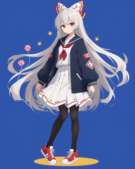 fujiwara no mokou,1girl, solo, red_footwear, sneakers, white_bow, white_skirt, hair_bow, full_body, long_sleeves, holding_lollipop, white_shirt, alternate_costume, red_neckerchief, red_bow, blue_background, black_jacket, sailor_collar, standing, closed_mouth, long_skirt, looking_at_viewer, black_socks, hand_up, contemporary, collared_shirt, simple_background, open_jacket, school_uniform, from_side, looking_to_the_side, pantyhose
<lora:fujiwara_no_mokou_image4672_2023-12-14-000008:1>,star-shaped_pupils,symbol-shaped_pupils,. gorgeous,key visual, vibrant, studio anime,award-winning, professional, highly detailed,high budget, cinemascope