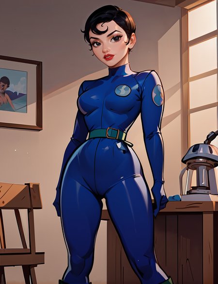 score_9, score_8_up, score_7_up,Standing, cut-in , honeydew, agent_honeydew, 1girl, black hair, solo, lipstick, black eyes, Super Short Pixie hairstyle, short hair, wearingfullbody blue bodysuits, highly detailed face, greenbelt,  looking at viewer,Break Room, Relaxing oasis with cozy couches, a coffee machine, a mini-fridge, a microwave, a table for communal lunches, adorned with colorful artwork , ,dark navy high boots,     <lora:Agent_Honeydew_Pony:1>