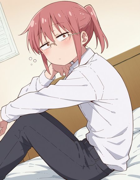 score_9, score_8_up, score_7_up, source_anime, <lora:dragon-kobayashi-s2-ponyxl-lora-nochekaiser:1>, kobayashi, ponytail, pink hair, glasses, short hair, brown eyes,, shirt, long sleeves, white shirt, collared shirt, pants, black pants, office lady,, indoors, bed, bed room, on side, blush, drunk,, , looking at viewer, from side, solo,, dutch angle,