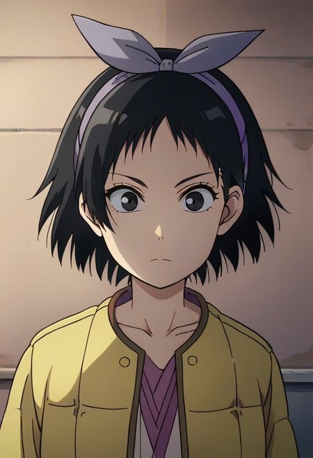 Totori, short hair, black hair, black eyes, yellow jacket, purple hairband, <lora:HeavenlyDelusion:1>,