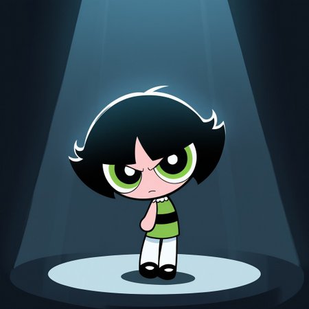 <lora:Powerpuff_Girls-000037:0.8>, 
buttercup \(ppg\), chibi,
black hair, short hair, green eyes, 
expressive eyes,
cold color, volumetric lighting,
BREAk, cartoon, source_cartoon,
green dress, black belt, 
white pantyhose, black shoes,
dark room, 
looking at viewer,
full body, 
1girl,solo,
Annoyed,