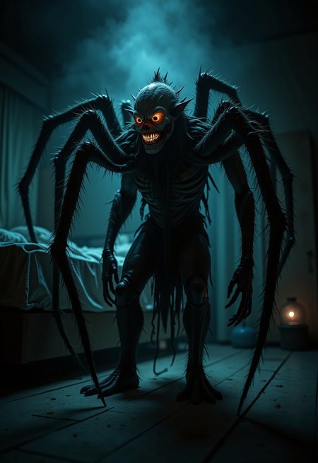 aidmaimageupgrader, a high quality digital image of an intricately detailed terrifying cybord spider-clown hyrbird standing in a darkened bedroom, they glow at night, the imagehas a general feeling of terror and dread because we all hate clowns
