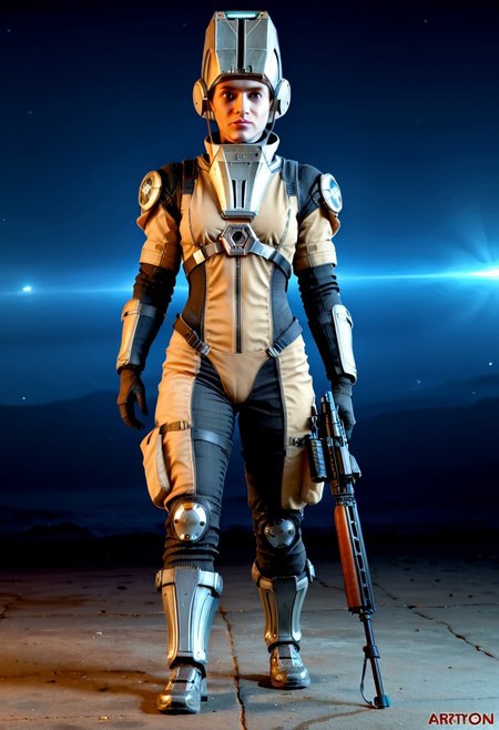 badass Corpus, corpus crewman, Tan and black corpus suit, corpus tileset,  1boy, wearing cirpus crewman outfit, wearing corpus crewman helmet, holding gun, holding dera rifle, Dera, corpus gun, gun, dera rifle, dera gun,
(Corpus helmet, wearing helmet, wearing corpus helmet), , (dark shot:1.17), ((epic)) realistic, faded, , art, (hdr:1.5), (muted colors:1.2), hyperdetailed, (artstation:1.5), cinematic, warm lights, dramatic light, (intricate details:1.1), complex background, (rutkowski:0.8),((full body:1.9)), by Blizzard entertainment, big armor, l, wearing corpus helmet, low light, facing camera, lot of details, detailed armor, half side portrait, on corpus tileset, (night time),