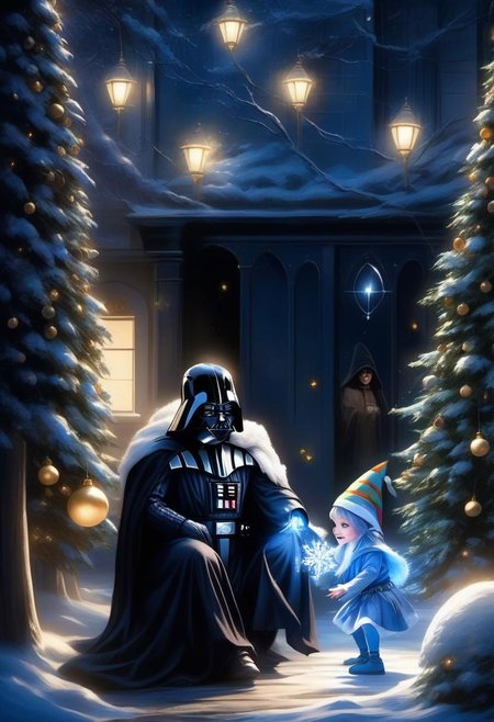 very dark Christmas night scene with (dark vador) and a (cute Blue Epoch Elf:1.5) trying to find a faint light among shadows Christmas decorations, smile, fluffy, shadows, only the face is lighted, holiday atmosphere, ultra-fine, digital painting