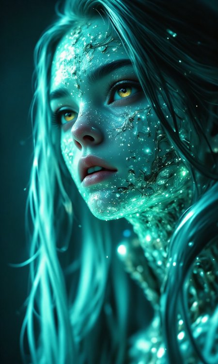 Whispering static, hyper-realism, dutch angle, Twilight Seafoam Green, spliced thread, warped glow, drifting shimmer