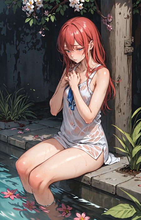 best quality, detailed background, girl, spring,shy,solo,  breath, wet:0.6,tired