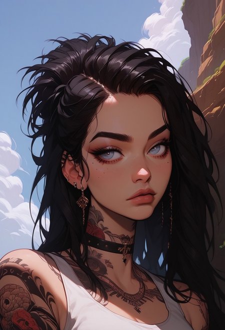 Score_9, Score8_up, Score_7_up, (((High Resolution, Best Quality))), 
1girl, solo, Covered in Tattoos, her hand on her head, brushing hair behind ear, black hair, gold highlight in hair, 
Tanktop, cutoff, choker, 
On a Cliff overlooking a beach, Cloudy Sky,
