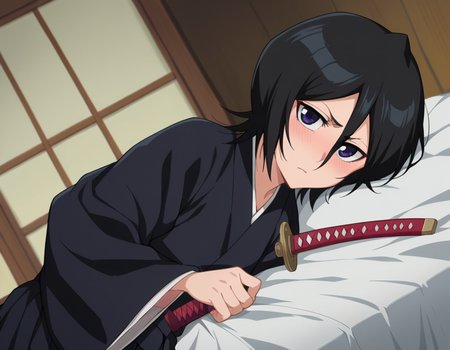 score_9, score_8_up, score_7_up, source_anime,
rukiakuchiki, <lora:rukia-kuchiki-ponyxl-lora-nochekaiser:1>,
rukia kuchiki, black hair, hair between eyes, purple eyes, short hair,
weapon, japanese clothes, sword, kimono, katana, sheath, hakama, black kimono, long sleeves, wide sleeves,
indoors, bed, bed room, on side, blush, drunk,
looking at viewer, dutch angle, cowboy shot,
