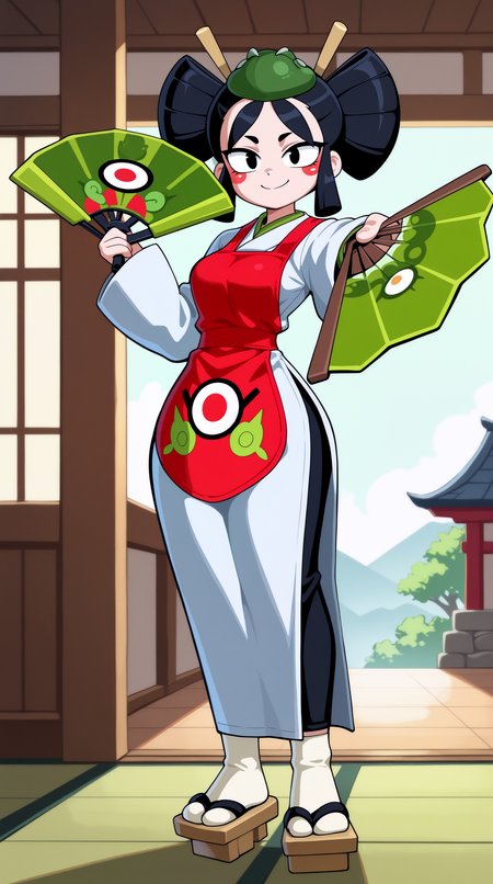 masterpiece, best quality, amazing quality, aesthetic,  absurdres, best quality, 4k, upscale, indoors, (dynamic pose, foreshortening), kaze, solo, 1girl, black hair, japanese clothes, black eyes, smile, geta, dual wielding, hand fan, white kimono, full body,  sandals, standing, red apron, looking at viewer  <lora:Kaze_IL:0.8>