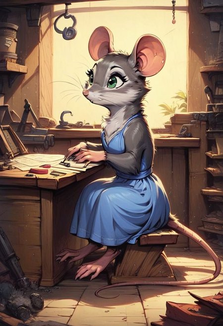 score_9, score_8_up, score_8, solo, fluffy, (feral), workshop, toes, furry, (((mouse))), female, green eyes, grey fur, chest, claws, fluffy cheeks, side view, (blue dress), in the style of beatrix potter, sitting, working