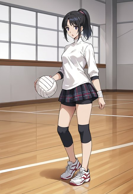 score_9, score_8_up, source_anime,
1 girl, solo, cute face,
p5shiho, black hair, ponytail, hair ornament, hairclip, volleyball
p5shiho-uniform, skirt, plaid skirt, plaid, turtleneck, compression shorts, Knee Compression Sleeve, white sneakers, from side, full body
school gym, volleyball court, standing, looking at viewer, surprised,
masterpiece, best quality, ultra detailed,