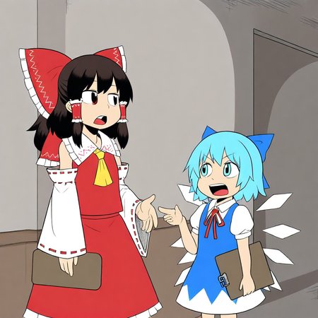 masterpiece, best quality, absurdres, lo_su_tr, 2girls, female focus, hakurei reimu, cirno, standing, open mouth, looking at another,holding clipboard, indoors, corner,