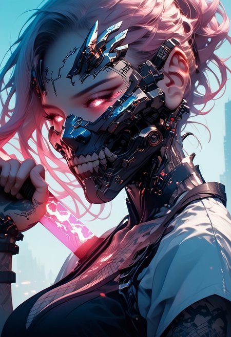 score_9, score_8_up, score_7_up, score_6_up, realistic, best quality,4k, masterpiece, realistic skin texture, Selena, 1girl, mouth mask, very long hair, wavy cut, pink hair, blue gradient hair, two tone hair, cybernetic eyes, swordsman, mask, holding a sword in hand, with glowing light effects, large breasts, beautiful face, beautiful lips, (black fishnet top), HD32k, posing, dynamic pose, cyberpunk, city, Dutch angle, Expressiveh, hkwarrior, arm0rpunkv4, bioluminescent, glowing, (exposed shoulders), (chest exposed),